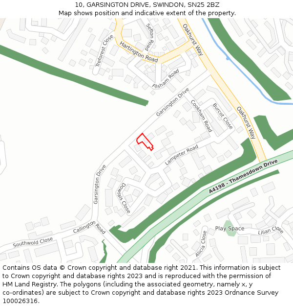 10, GARSINGTON DRIVE, SWINDON, SN25 2BZ: Location map and indicative extent of plot