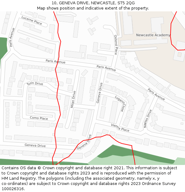 10, GENEVA DRIVE, NEWCASTLE, ST5 2QG: Location map and indicative extent of plot