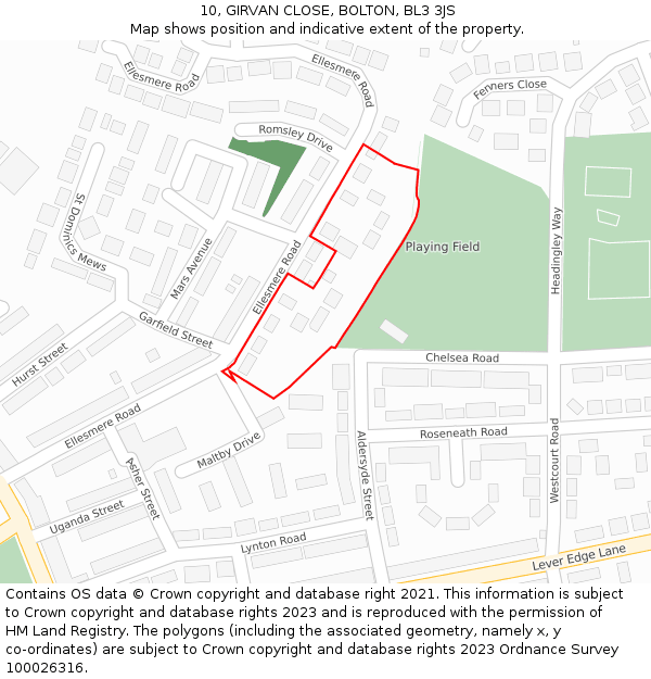 10, GIRVAN CLOSE, BOLTON, BL3 3JS: Location map and indicative extent of plot