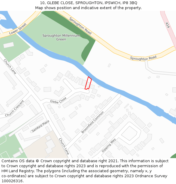 10, GLEBE CLOSE, SPROUGHTON, IPSWICH, IP8 3BQ: Location map and indicative extent of plot