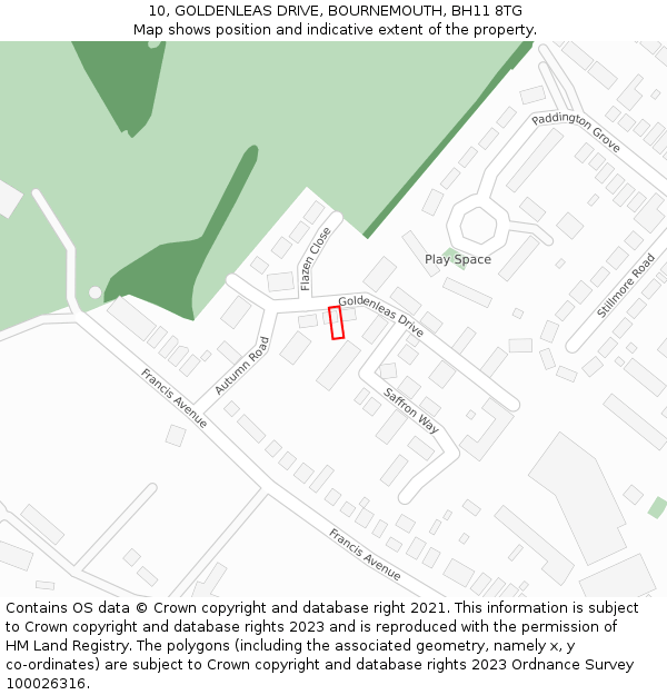 10, GOLDENLEAS DRIVE, BOURNEMOUTH, BH11 8TG: Location map and indicative extent of plot