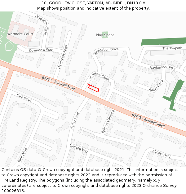 10, GOODHEW CLOSE, YAPTON, ARUNDEL, BN18 0JA: Location map and indicative extent of plot