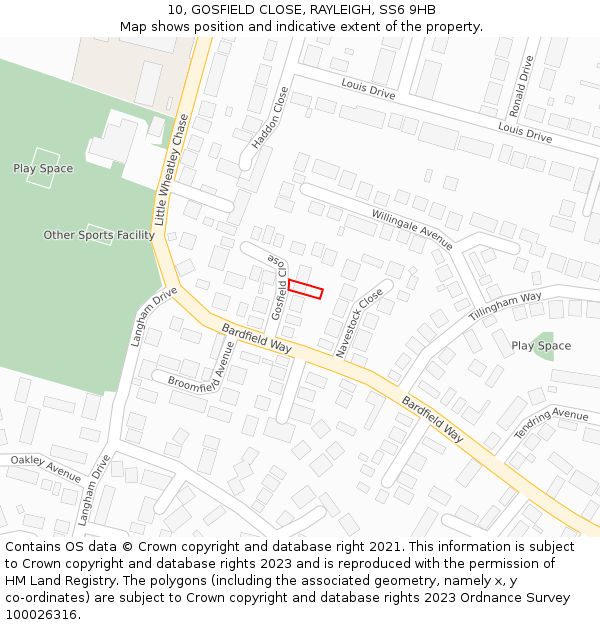 10, GOSFIELD CLOSE, RAYLEIGH, SS6 9HB: Location map and indicative extent of plot