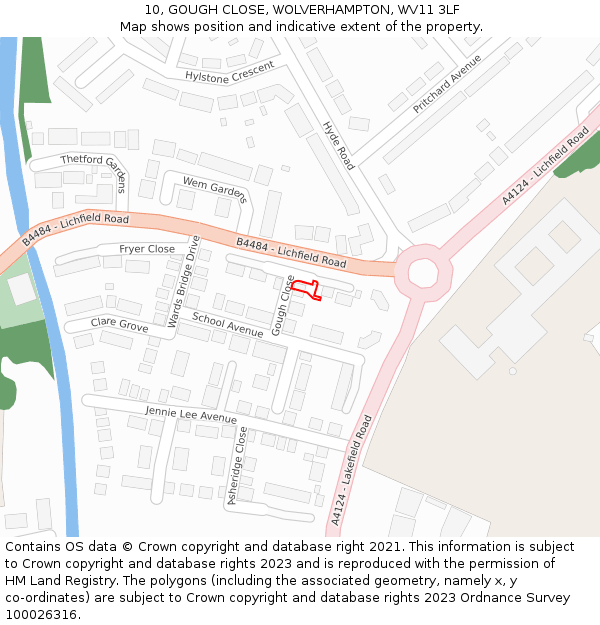 10, GOUGH CLOSE, WOLVERHAMPTON, WV11 3LF: Location map and indicative extent of plot