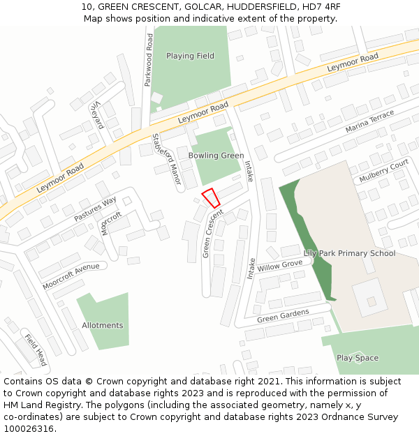 10, GREEN CRESCENT, GOLCAR, HUDDERSFIELD, HD7 4RF: Location map and indicative extent of plot
