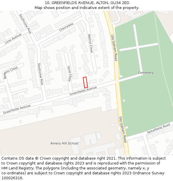 10, GREENFIELDS AVENUE, ALTON, GU34 2ED: Location map and indicative extent of plot