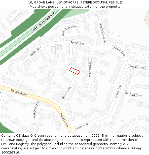 10, GROVE LANE, LONGTHORPE, PETERBOROUGH, PE3 6LZ: Location map and indicative extent of plot