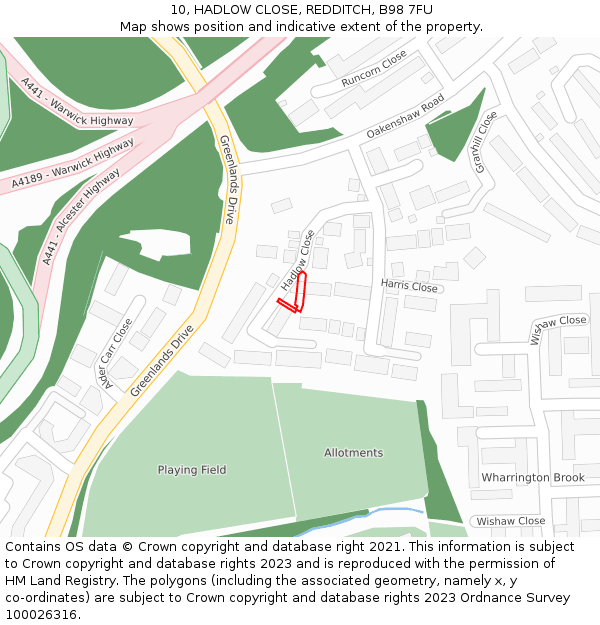 10, HADLOW CLOSE, REDDITCH, B98 7FU: Location map and indicative extent of plot
