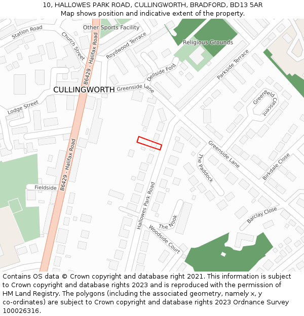 10, HALLOWES PARK ROAD, CULLINGWORTH, BRADFORD, BD13 5AR: Location map and indicative extent of plot