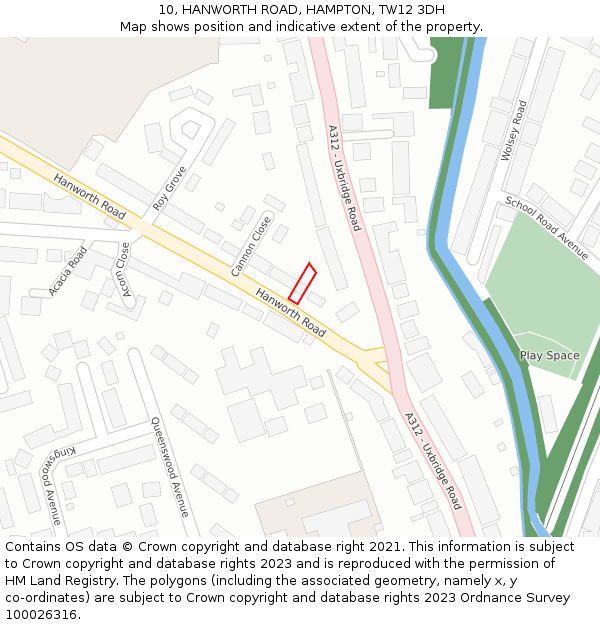10, HANWORTH ROAD, HAMPTON, TW12 3DH: Location map and indicative extent of plot