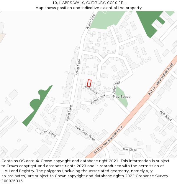 10, HARES WALK, SUDBURY, CO10 1BL: Location map and indicative extent of plot