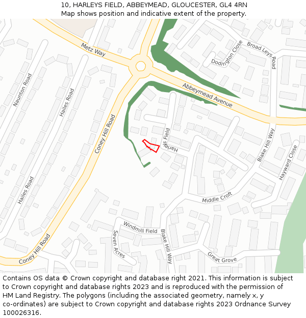 10, HARLEYS FIELD, ABBEYMEAD, GLOUCESTER, GL4 4RN: Location map and indicative extent of plot