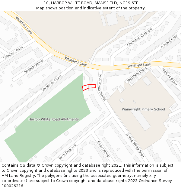 10, HARROP WHITE ROAD, MANSFIELD, NG19 6TE: Location map and indicative extent of plot