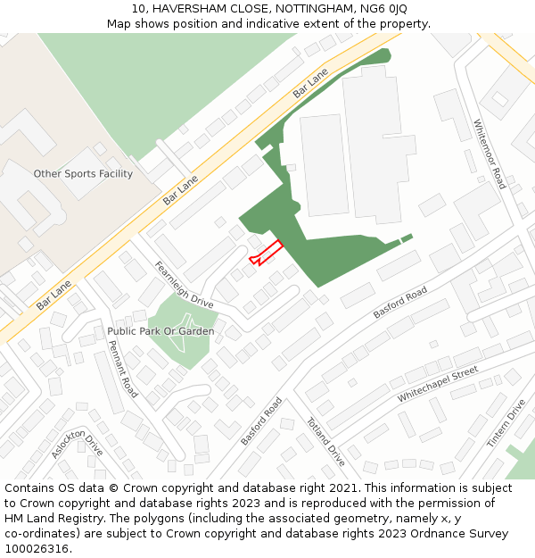 10, HAVERSHAM CLOSE, NOTTINGHAM, NG6 0JQ: Location map and indicative extent of plot