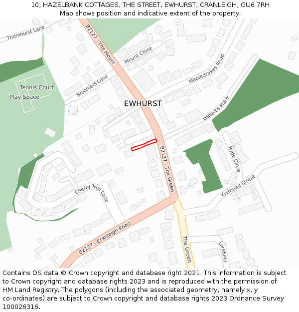10, HAZELBANK COTTAGES, THE STREET, EWHURST, CRANLEIGH, GU6 7RH: Location map and indicative extent of plot