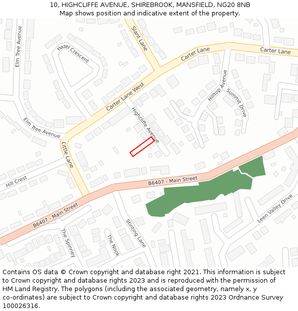 10, HIGHCLIFFE AVENUE, SHIREBROOK, MANSFIELD, NG20 8NB: Location map and indicative extent of plot
