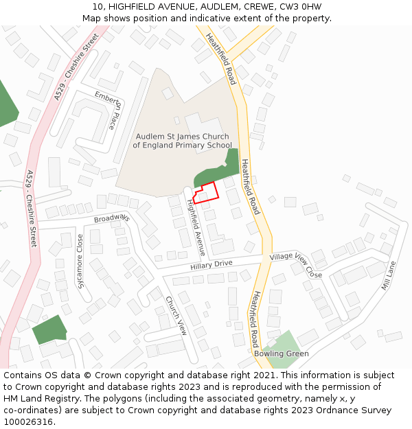 10, HIGHFIELD AVENUE, AUDLEM, CREWE, CW3 0HW: Location map and indicative extent of plot