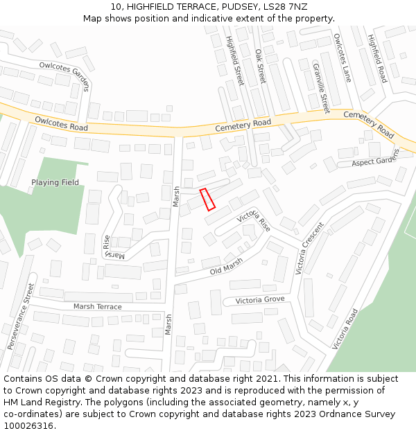 10, HIGHFIELD TERRACE, PUDSEY, LS28 7NZ: Location map and indicative extent of plot