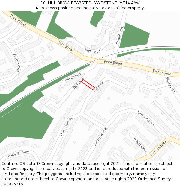 10, HILL BROW, BEARSTED, MAIDSTONE, ME14 4AW: Location map and indicative extent of plot