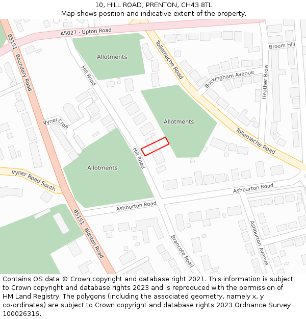 10, HILL ROAD, PRENTON, CH43 8TL: Location map and indicative extent of plot