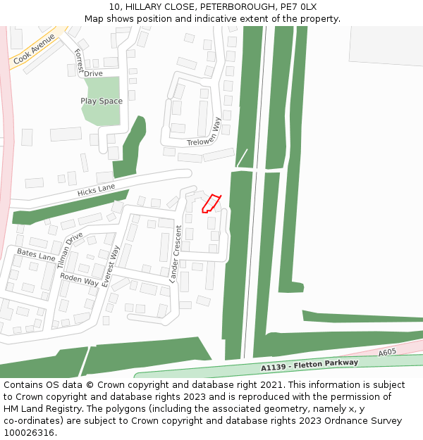 10, HILLARY CLOSE, PETERBOROUGH, PE7 0LX: Location map and indicative extent of plot