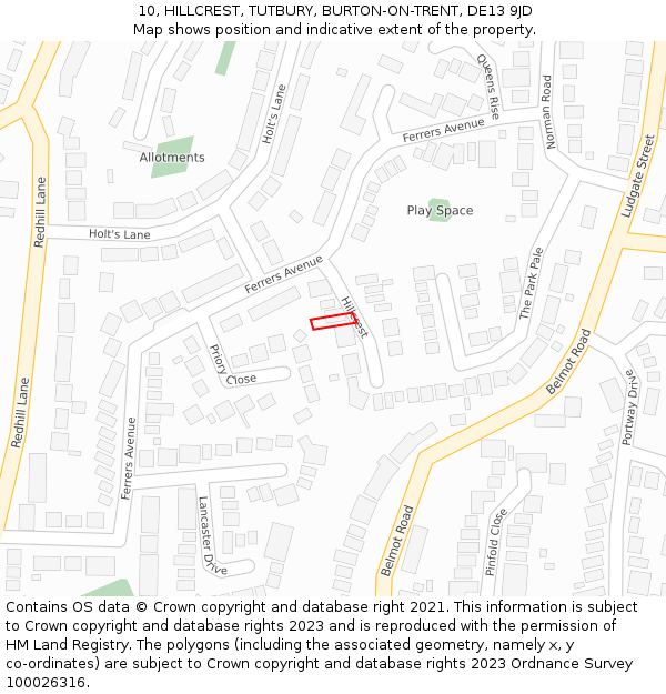 10, HILLCREST, TUTBURY, BURTON-ON-TRENT, DE13 9JD: Location map and indicative extent of plot