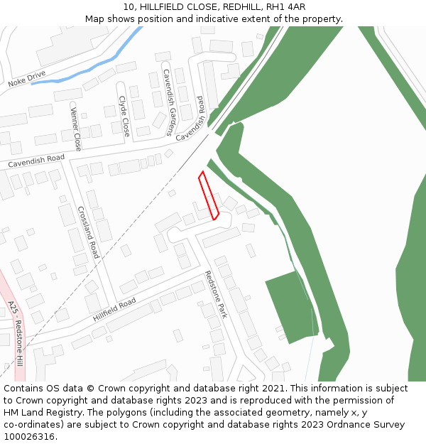 10, HILLFIELD CLOSE, REDHILL, RH1 4AR: Location map and indicative extent of plot