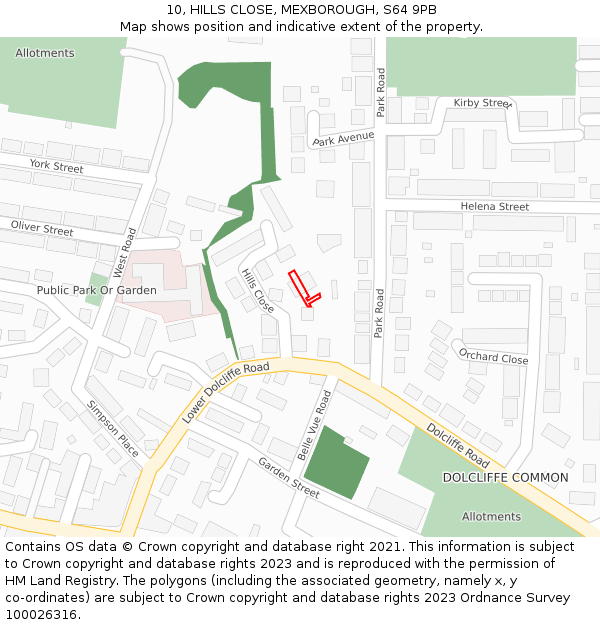 10, HILLS CLOSE, MEXBOROUGH, S64 9PB: Location map and indicative extent of plot