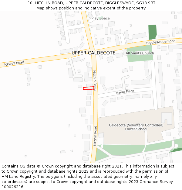 10, HITCHIN ROAD, UPPER CALDECOTE, BIGGLESWADE, SG18 9BT: Location map and indicative extent of plot