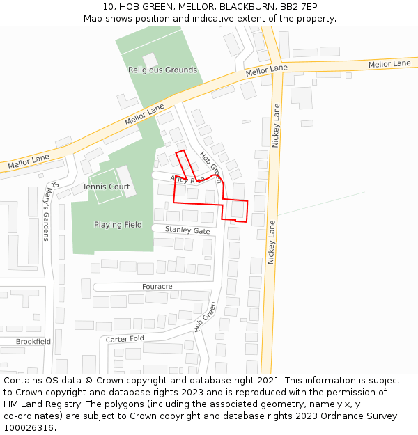 10, HOB GREEN, MELLOR, BLACKBURN, BB2 7EP: Location map and indicative extent of plot