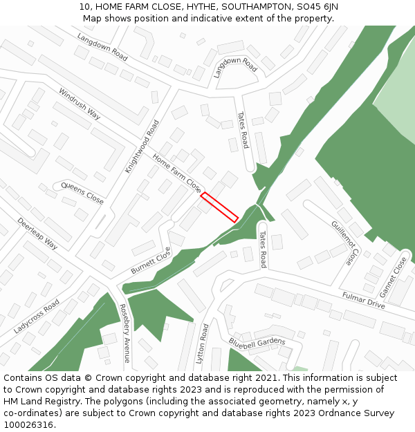 10, HOME FARM CLOSE, HYTHE, SOUTHAMPTON, SO45 6JN: Location map and indicative extent of plot