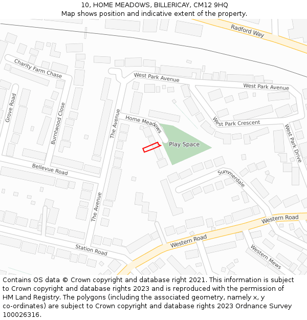10, HOME MEADOWS, BILLERICAY, CM12 9HQ: Location map and indicative extent of plot