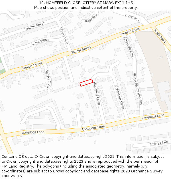 10, HOMEFIELD CLOSE, OTTERY ST MARY, EX11 1HS: Location map and indicative extent of plot
