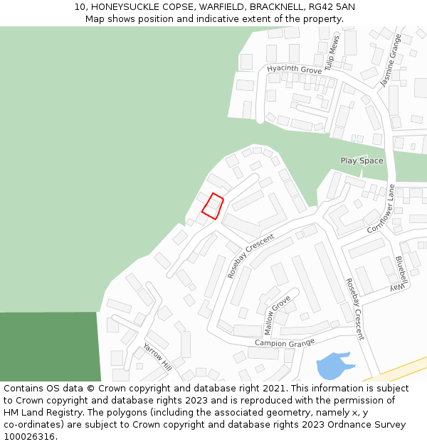 10, HONEYSUCKLE COPSE, WARFIELD, BRACKNELL, RG42 5AN: Location map and indicative extent of plot