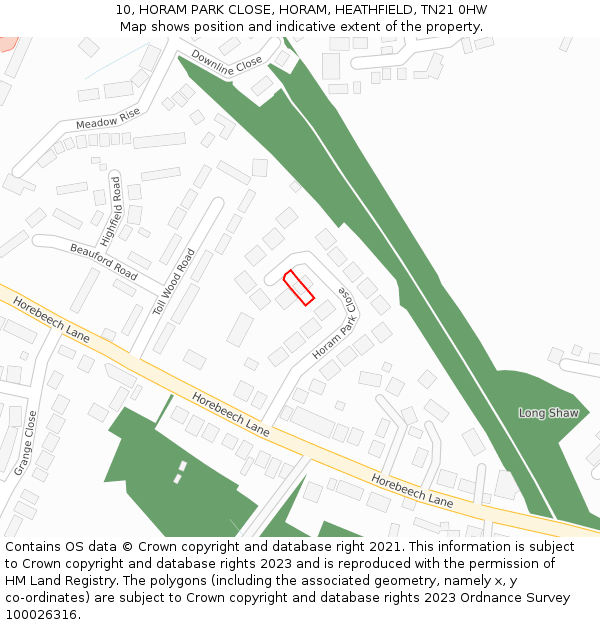 10, HORAM PARK CLOSE, HORAM, HEATHFIELD, TN21 0HW: Location map and indicative extent of plot