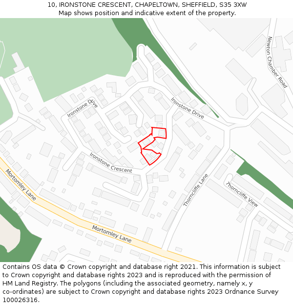 10, IRONSTONE CRESCENT, CHAPELTOWN, SHEFFIELD, S35 3XW: Location map and indicative extent of plot