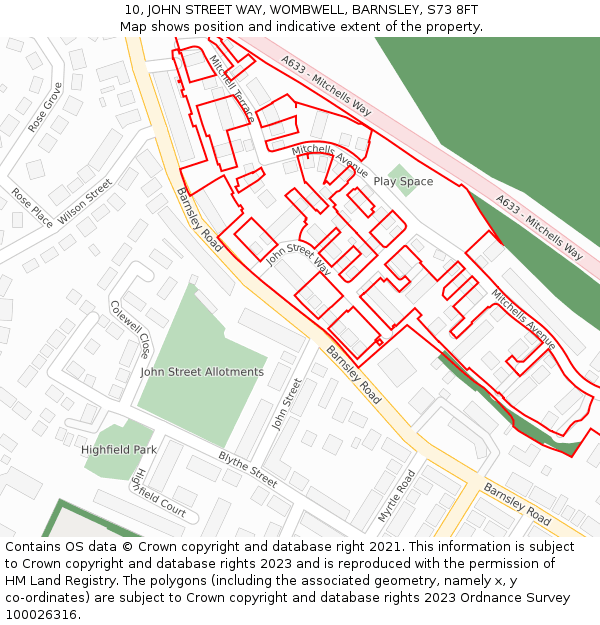 10, JOHN STREET WAY, WOMBWELL, BARNSLEY, S73 8FT: Location map and indicative extent of plot