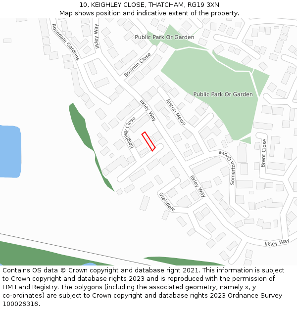 10, KEIGHLEY CLOSE, THATCHAM, RG19 3XN: Location map and indicative extent of plot