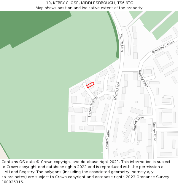 10, KERRY CLOSE, MIDDLESBROUGH, TS6 9TG: Location map and indicative extent of plot