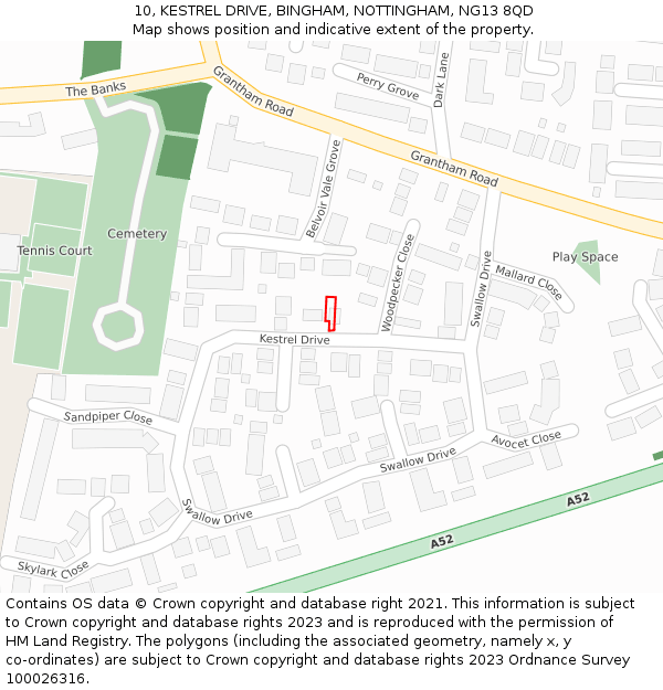 10, KESTREL DRIVE, BINGHAM, NOTTINGHAM, NG13 8QD: Location map and indicative extent of plot
