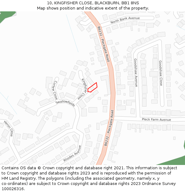 10, KINGFISHER CLOSE, BLACKBURN, BB1 8NS: Location map and indicative extent of plot