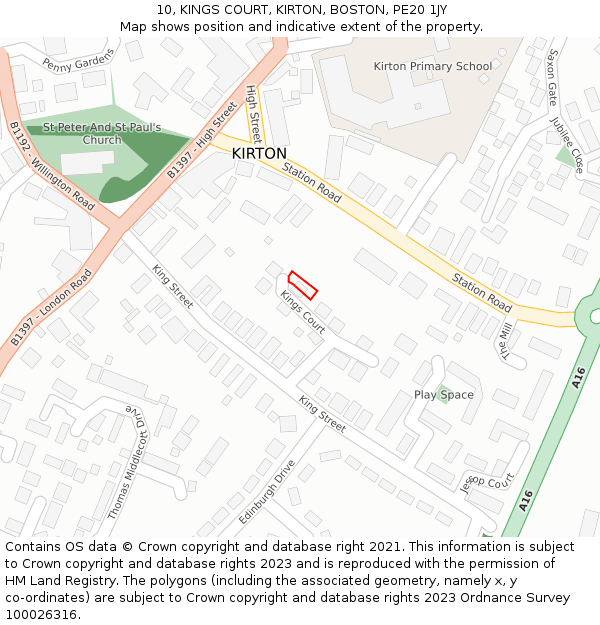 10, KINGS COURT, KIRTON, BOSTON, PE20 1JY: Location map and indicative extent of plot