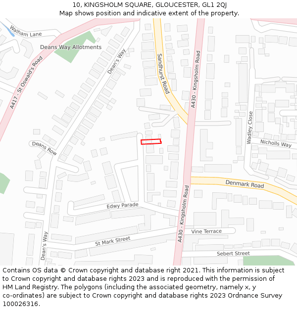 10, KINGSHOLM SQUARE, GLOUCESTER, GL1 2QJ: Location map and indicative extent of plot