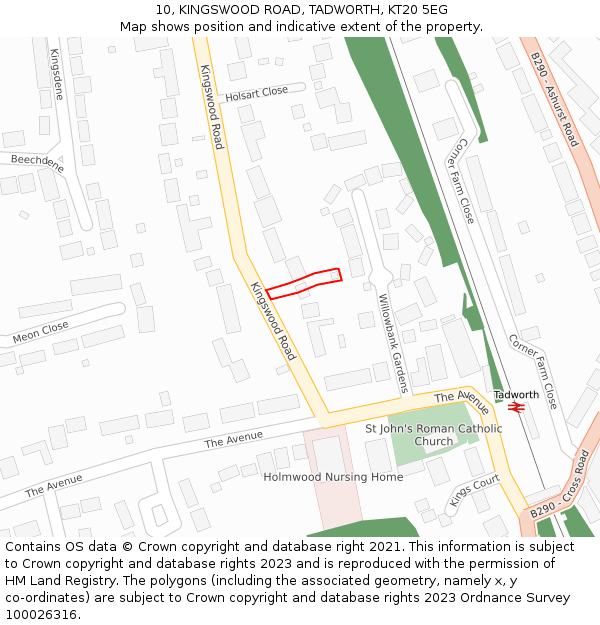 10, KINGSWOOD ROAD, TADWORTH, KT20 5EG: Location map and indicative extent of plot