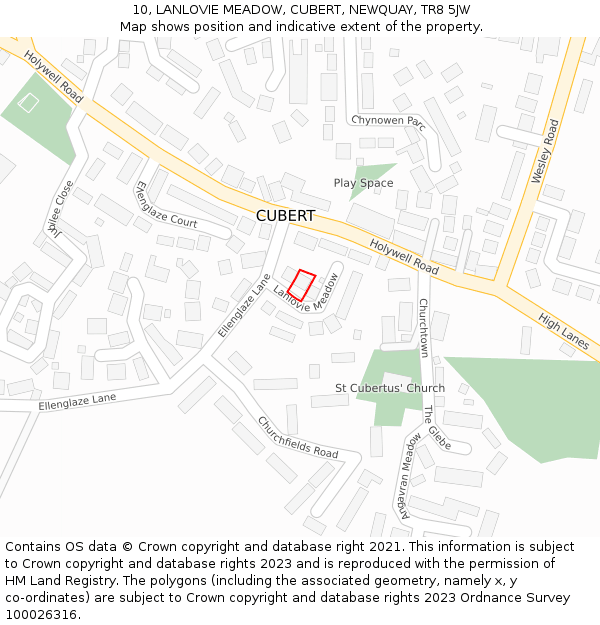 10, LANLOVIE MEADOW, CUBERT, NEWQUAY, TR8 5JW: Location map and indicative extent of plot
