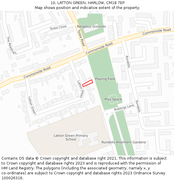 10, LATTON GREEN, HARLOW, CM18 7EP: Location map and indicative extent of plot