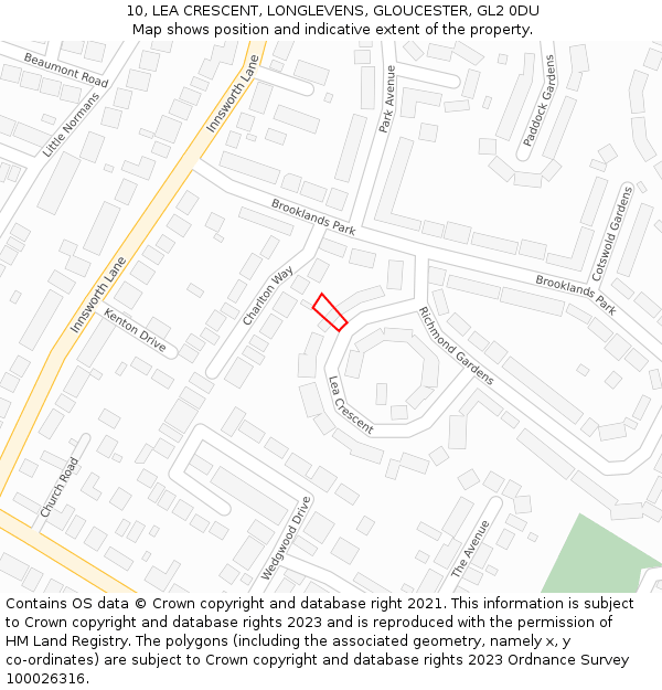 10, LEA CRESCENT, LONGLEVENS, GLOUCESTER, GL2 0DU: Location map and indicative extent of plot
