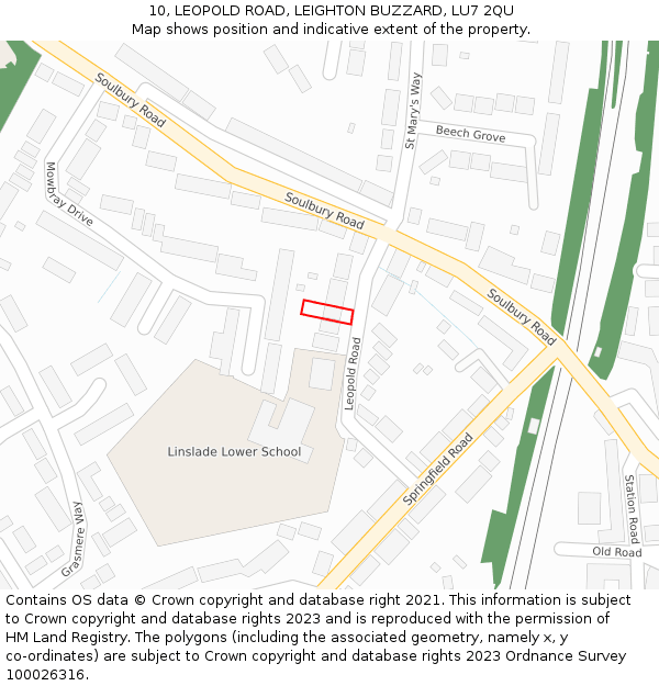 10, LEOPOLD ROAD, LEIGHTON BUZZARD, LU7 2QU: Location map and indicative extent of plot