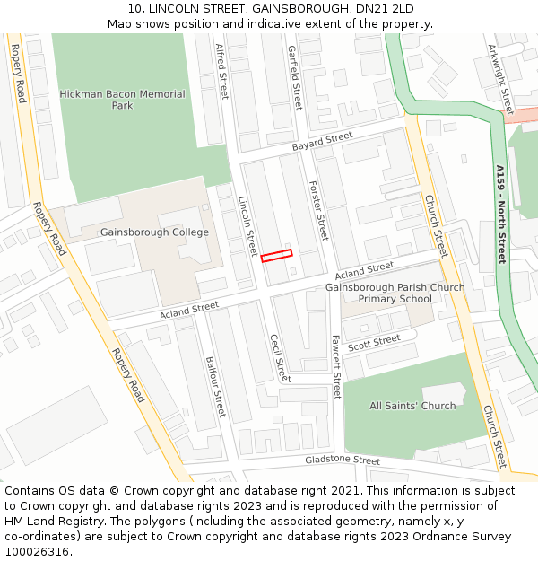 10, LINCOLN STREET, GAINSBOROUGH, DN21 2LD: Location map and indicative extent of plot