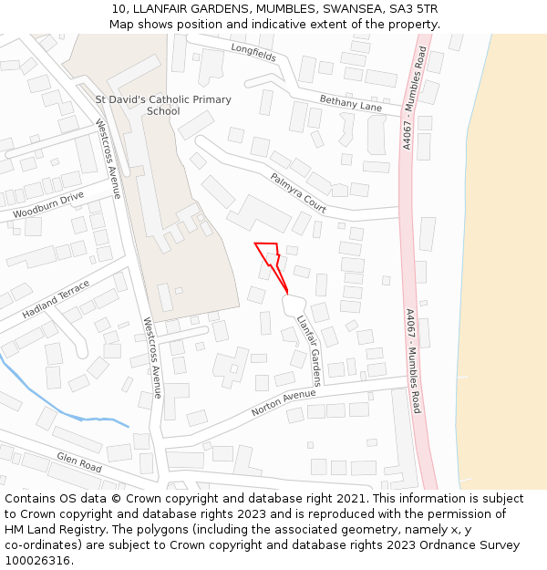 10, LLANFAIR GARDENS, MUMBLES, SWANSEA, SA3 5TR: Location map and indicative extent of plot